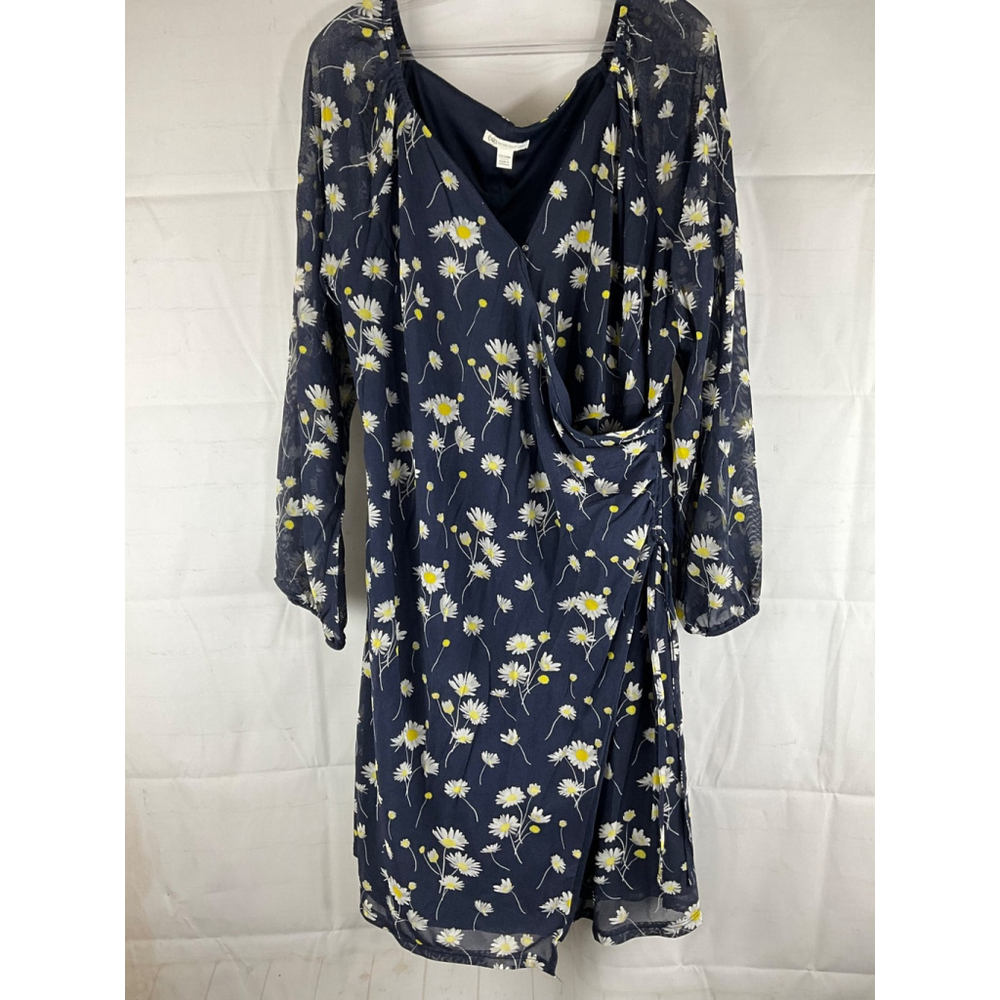 Cato Navy Daisy Print Faux Wrap Maxi Dress 22/24W Long Sleeve Sheer Overlay Used